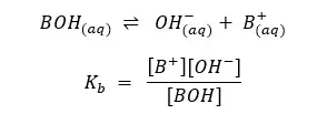Representation of dissociation of a weak base and Base dissociation constant expression