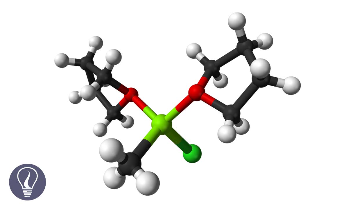 The Grignard Reagent - Ball-and-stick model of methylmagnesium chloride, CH3MgCl, coordinated by two tetrahydrofuran molecules